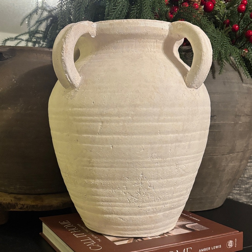 Elegant Textured Cream Vintage Style Vase With Four Handles-Large